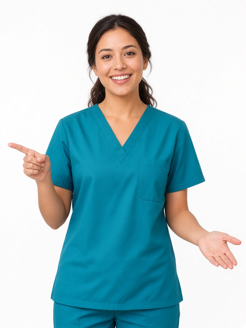 Clinician in teal scrubs welcoming patients