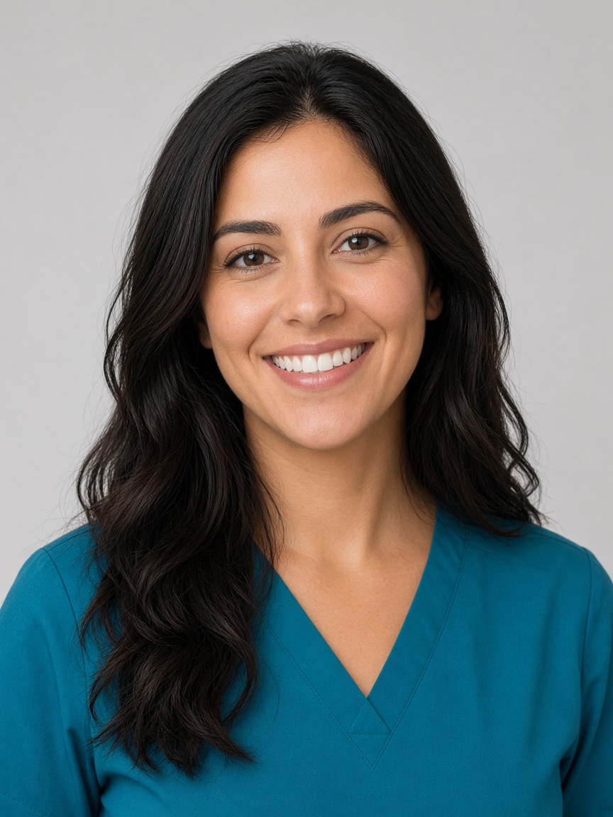 Smiling clinician in teal scrubs