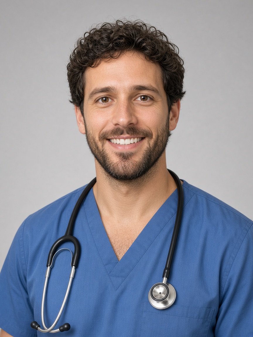 Emergency physician smiling with a stethoscope